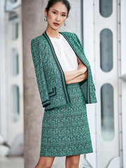 Abstract Jacquard Jacket with Chain Trim Color Laguna Green/Black/Ivory