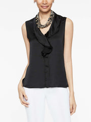 Black Crepe de Chine Ruffle Waterfall Blouse Color Black