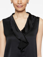 Black Crepe de Chine Ruffle Waterfall Blouse Color Black