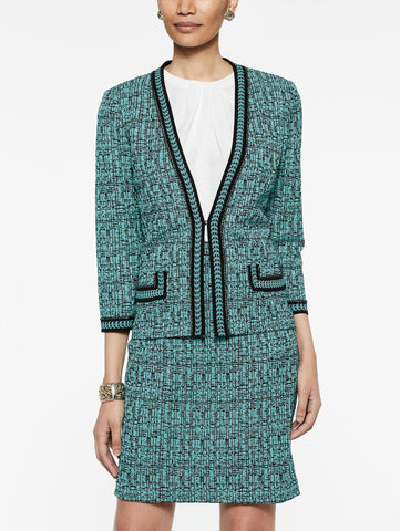 Abstract Jacquard Jacket with Chain Trim Color Laguna Green/Black/Ivory